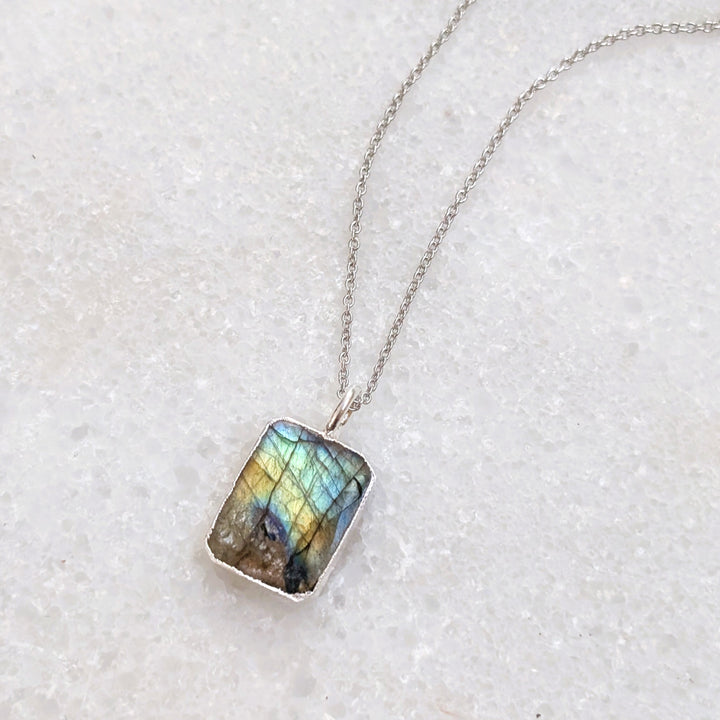 sterling silver labradorite rectangular pendant necklace 