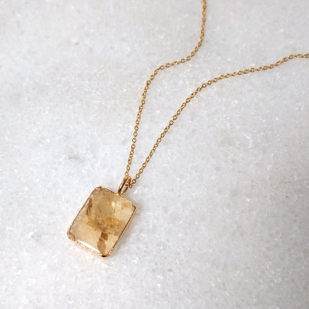 gold citrine rectangular pendant necklace 