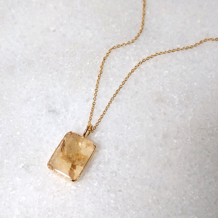 gold citrine rectangular pendant necklace 