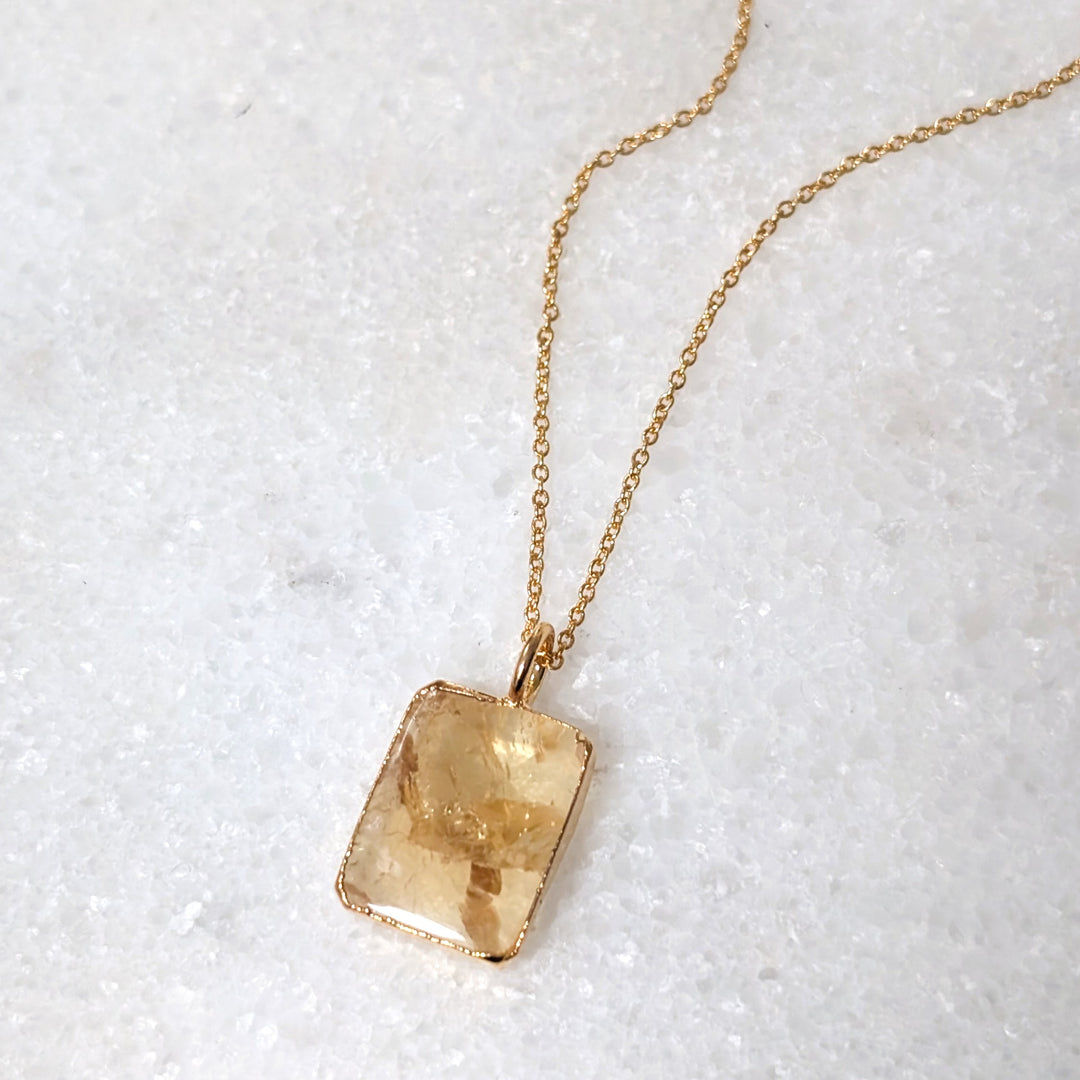 gold citrine rectangular pendant necklace 