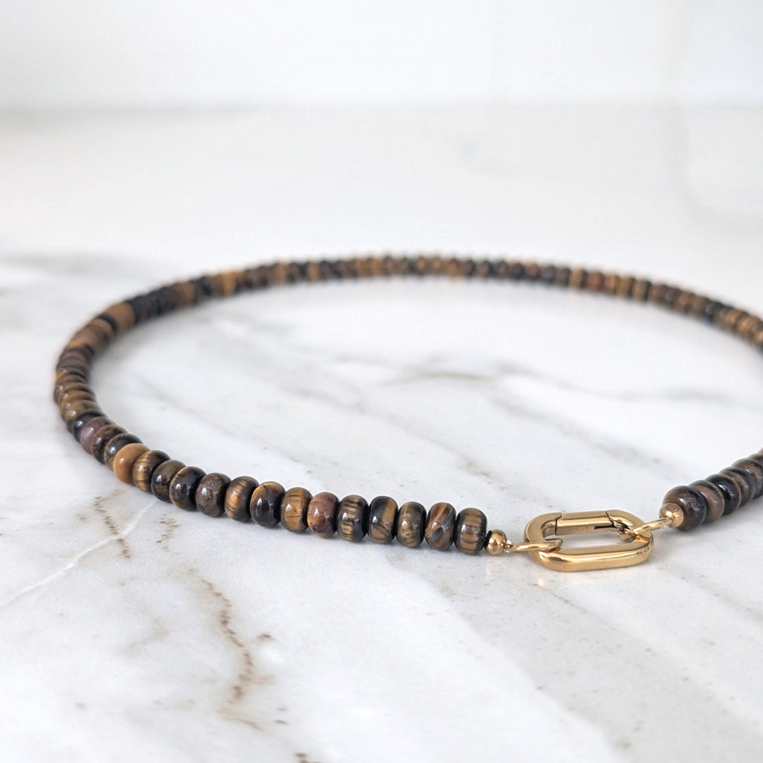 Tiger's Eye Gemstone Beaded Necklace with Oval Gold Clasp.