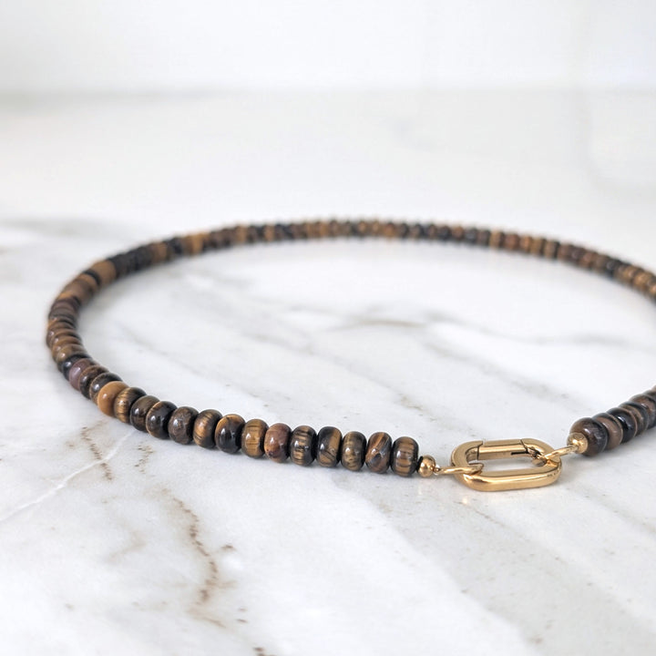 Tiger's Eye Gemstone Beaded Necklace with Oval Gold Clasp.