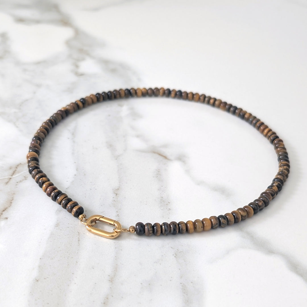 Tiger's Eye Gemstone Beaded Necklace with Oval Gold Clasp.
