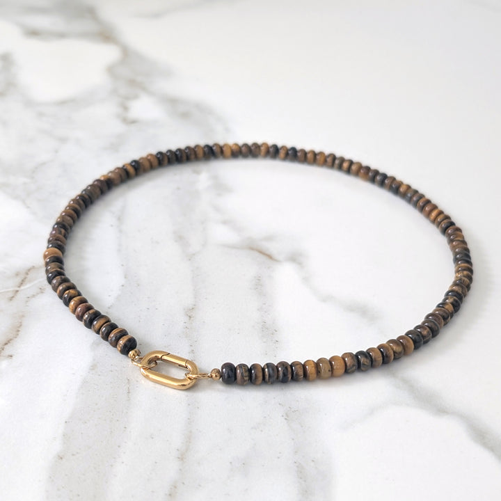 Tiger's Eye Gemstone Beaded Necklace with Oval Gold Clasp.
