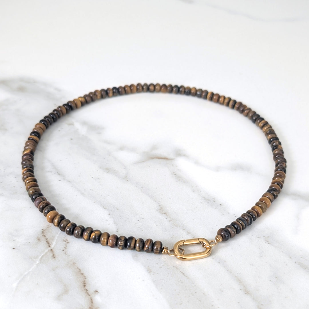Tiger's Eye Gemstone Beaded Necklace with Oval Gold Clasp.