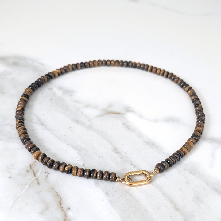 Tiger's Eye Gemstone Beaded Necklace with Oval Gold Clasp.
