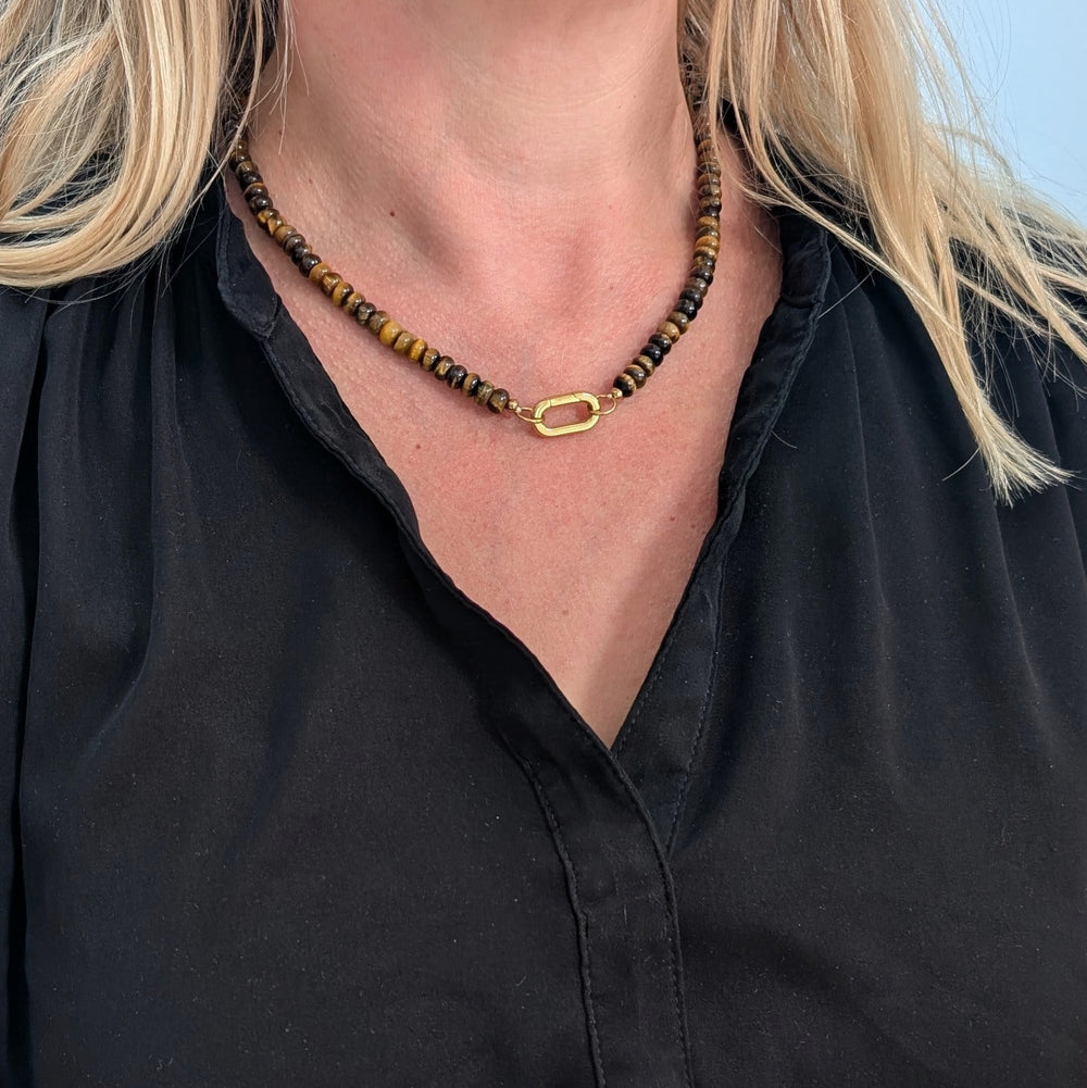 Tiger's Eye Gemstone Beaded Necklace with Oval Gold Clasp.