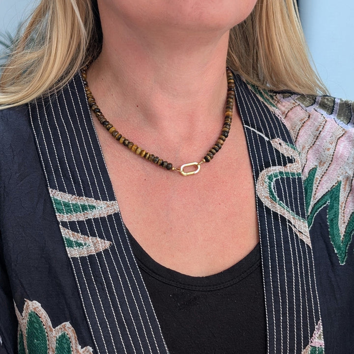 Tiger's Eye Gemstone Beaded Necklace with Oval Gold Clasp.