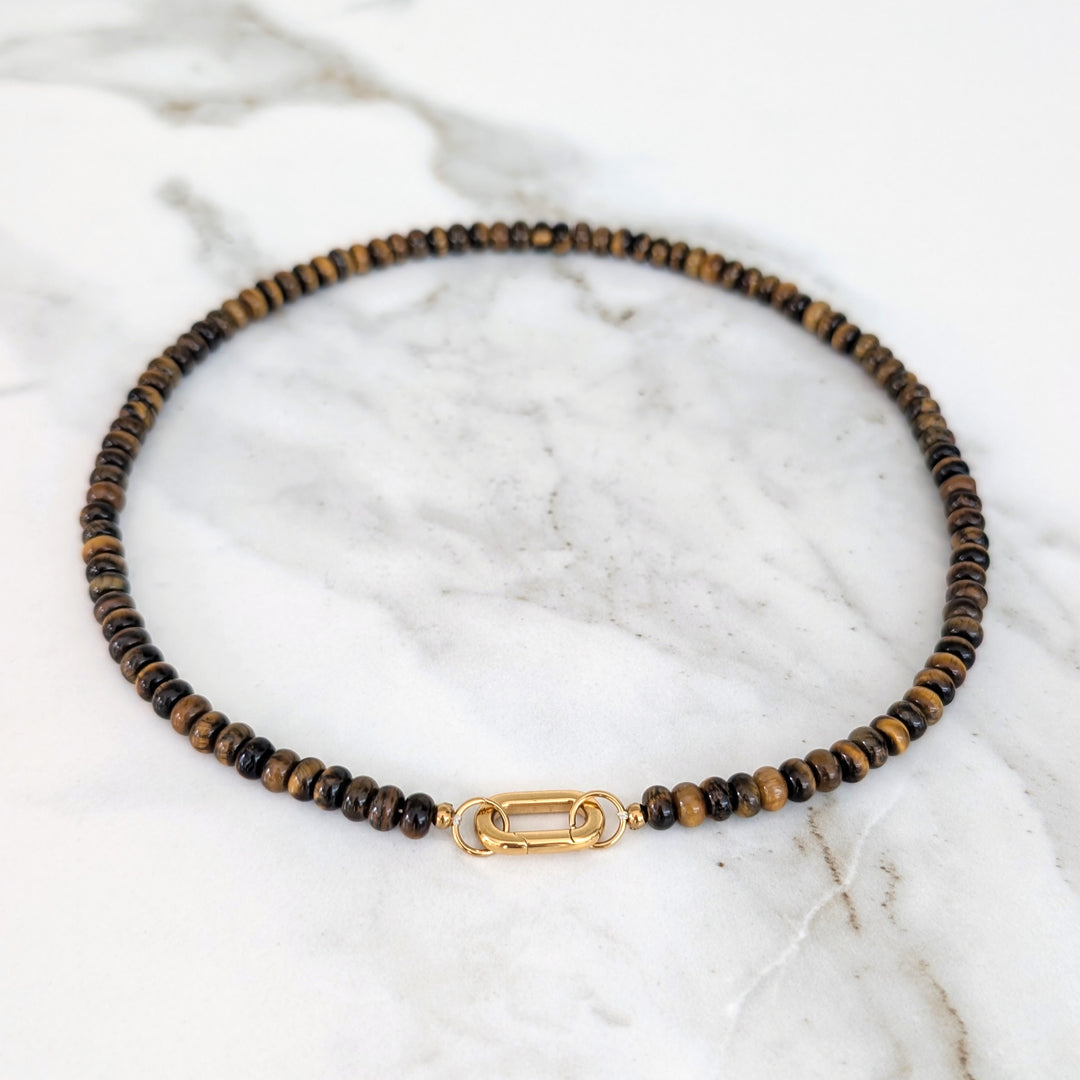 Tiger's Eye Gemstone Beaded Necklace with Oval Gold Clasp.