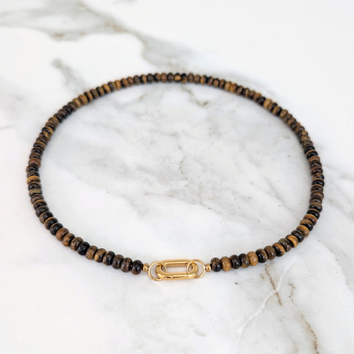 Tiger's Eye Gemstone Beaded Necklace with Oval Gold Clasp.