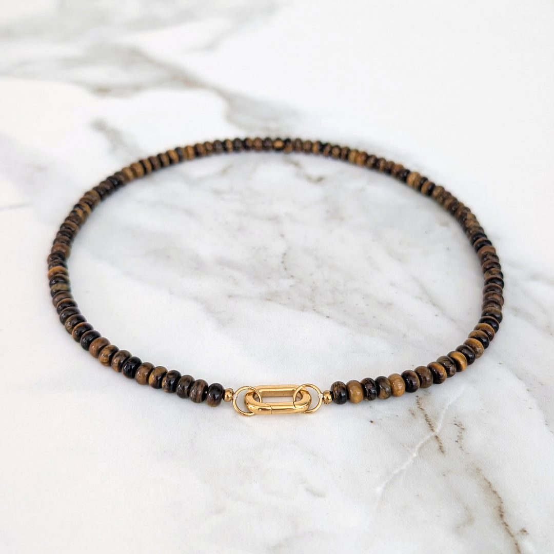 Tiger's Eye Gemstone Beaded Necklace with Oval Gold Clasp.