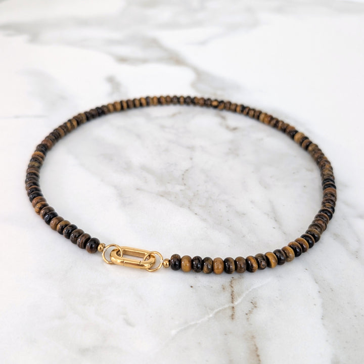 Tiger's Eye Gemstone Beaded Necklace with Oval Gold Clasp.