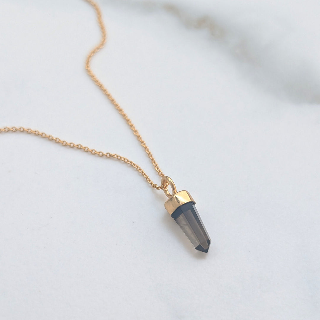 gold smokey quartz tiny point gemstone necklace 