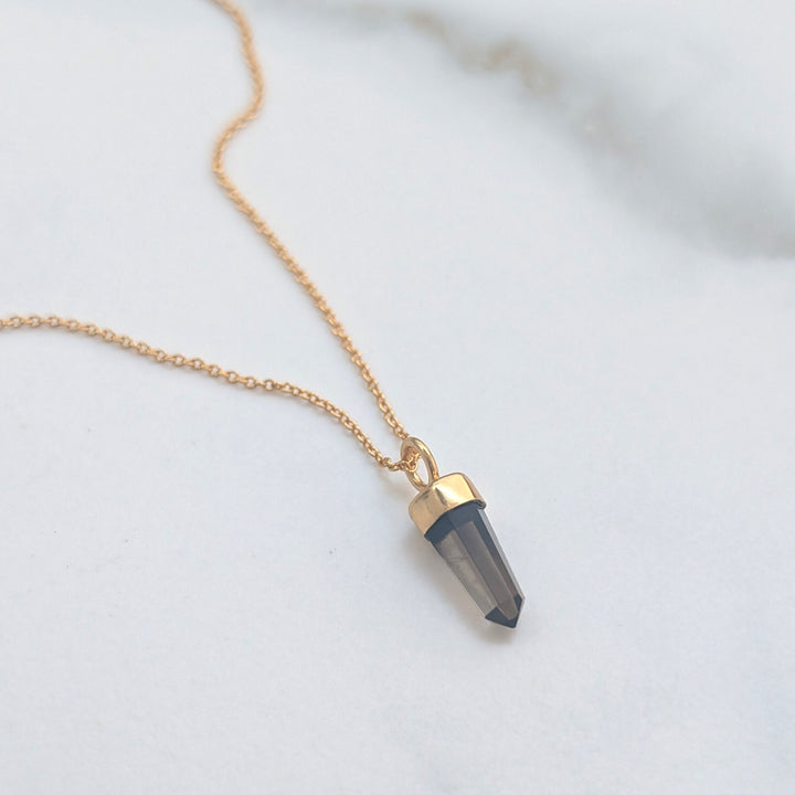 gold smokey quartz tiny point gemstone necklace 
