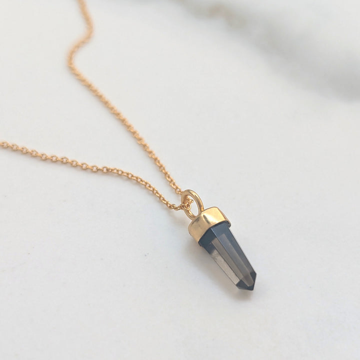 gold smokey quartz tiny point gemstone necklace 