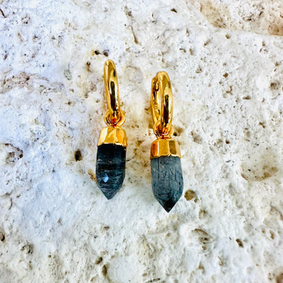 tourmalinated quartz spike charm hoop earrings