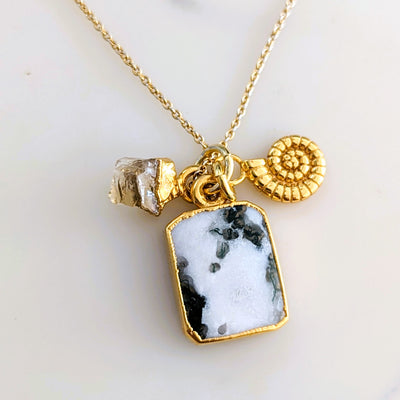Tree agate, Citrine and ammonite charm gold plated pendant necklace