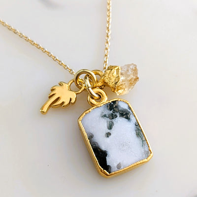 Tree agate, Citrine and palm tree charm gold plated pendant necklace
