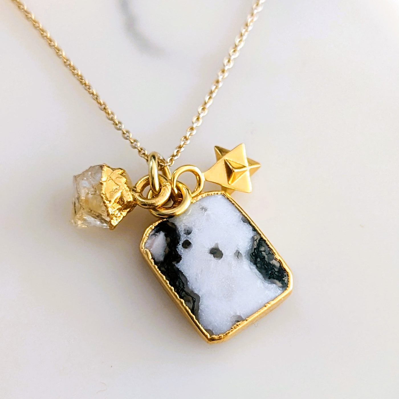 Tree agate, Citrine and tetrahedron charm gold plated pendant necklace
