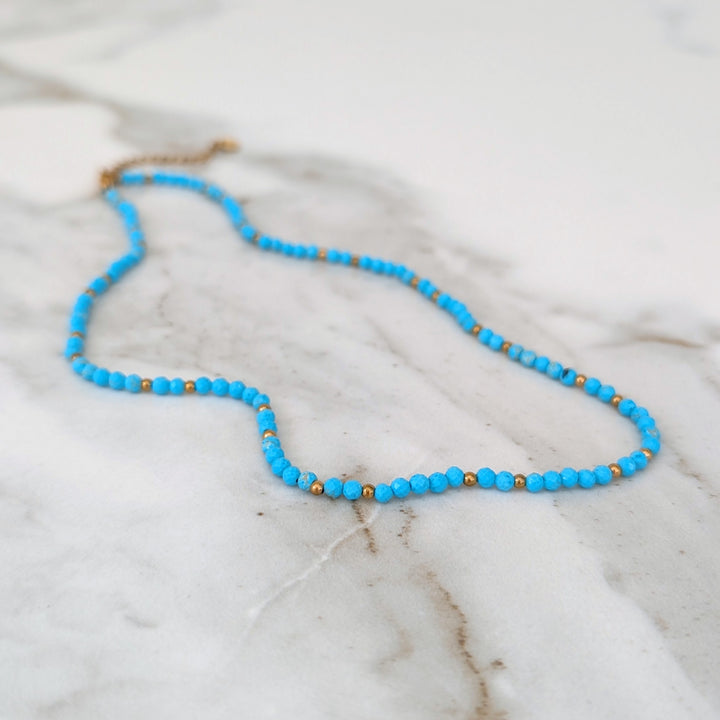 Turquoise Gemstone and Gold Bead Necklace, 3mm Faceted