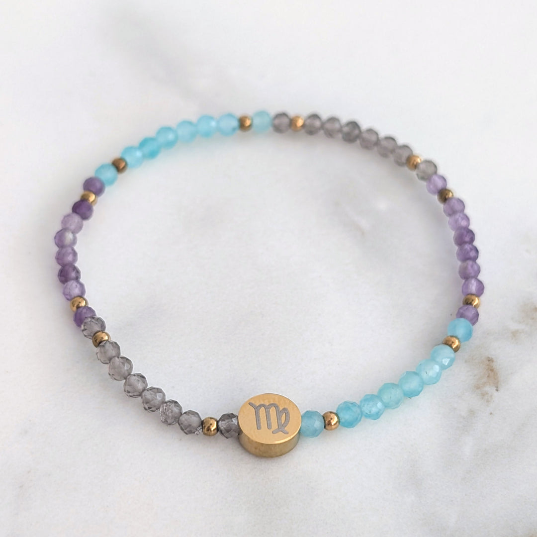 Virgo Zodiac gemstone bead bracelet with  Amazonite, Amethyst and Smokey Quartz gemstones