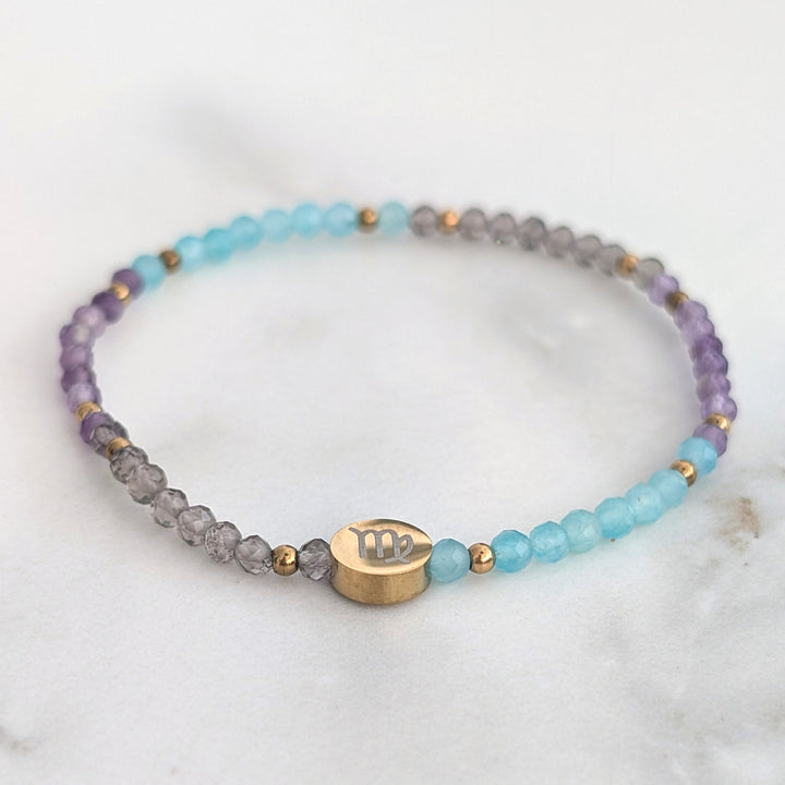 Virgo Zodiac gemstone bead bracelet with  Amazonite, Amethyst and Smokey Quartz gemstones