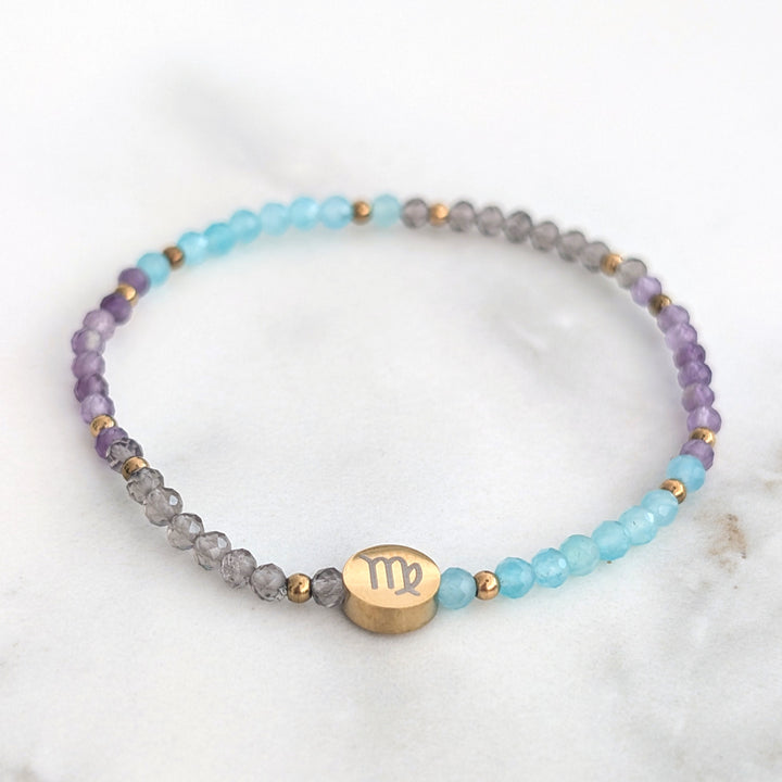 Virgo Zodiac gemstone bead bracelet with  Amazonite, Amethyst and Smokey Quartz gemstones