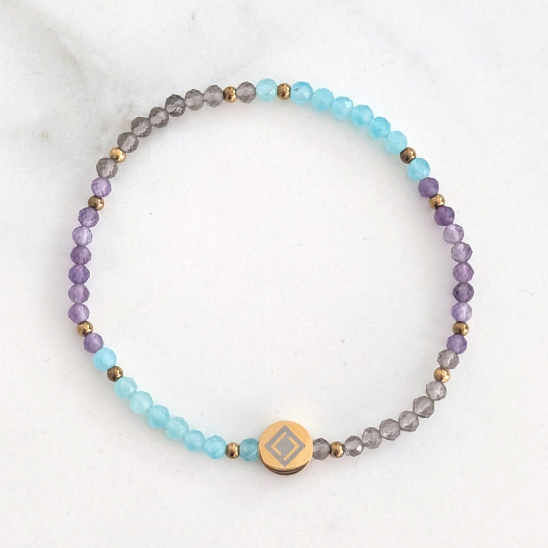 Virgo Zodiac gemstone bead bracelet with  Amazonite, Amethyst and Smokey Quartz gemstones