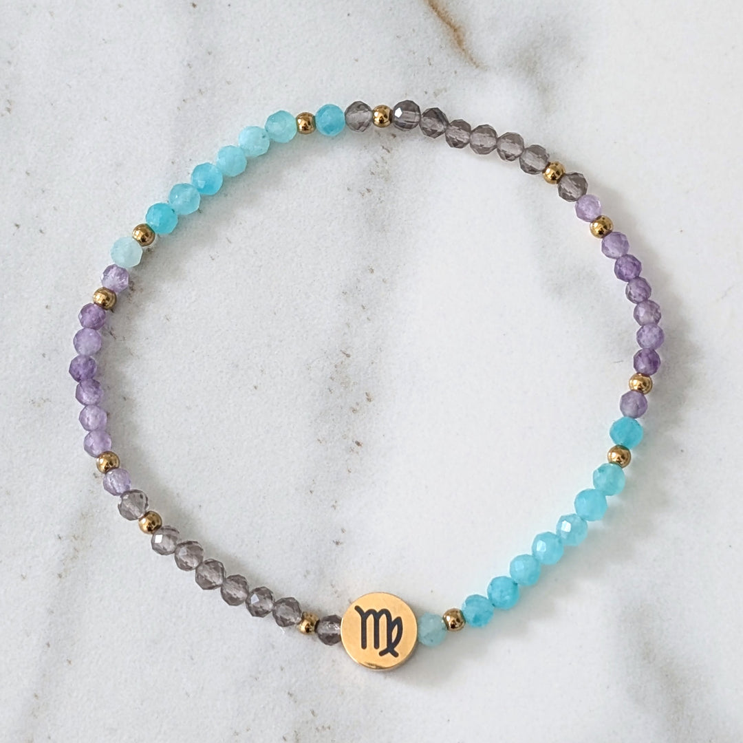Amazonite, Amethyst and Smokey Quartz Virgo Zodiac Gemstone Bracelet 