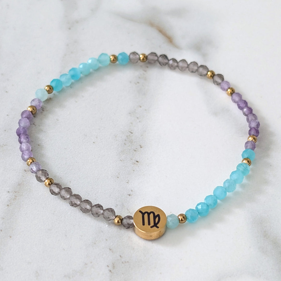 Amazonite, Amethyst and Smokey Quartz Virgo Zodiac Gemstone Bracelet 