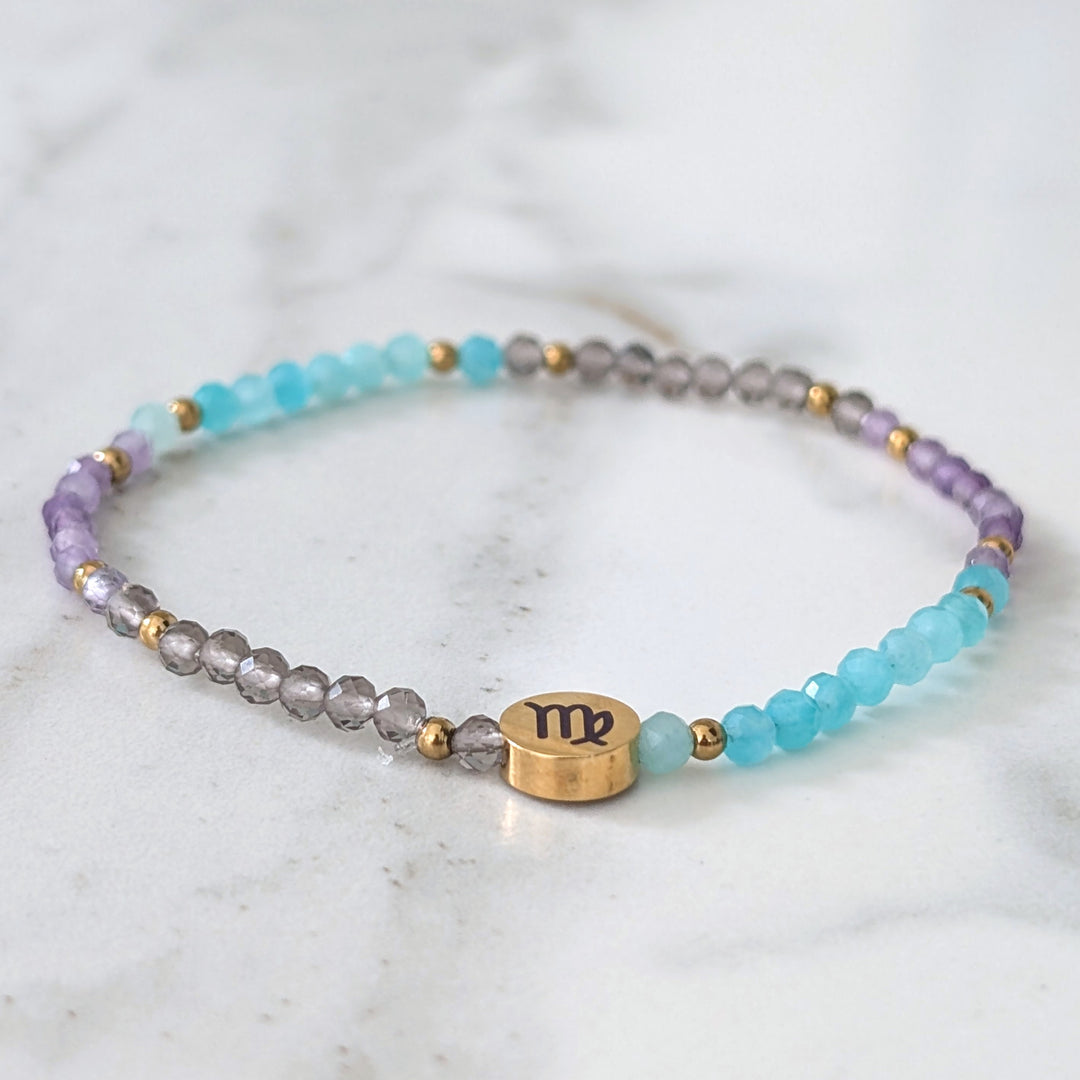Amazonite, Amethyst and Smokey Quartz Virgo Zodiac Gemstone Bracelet 