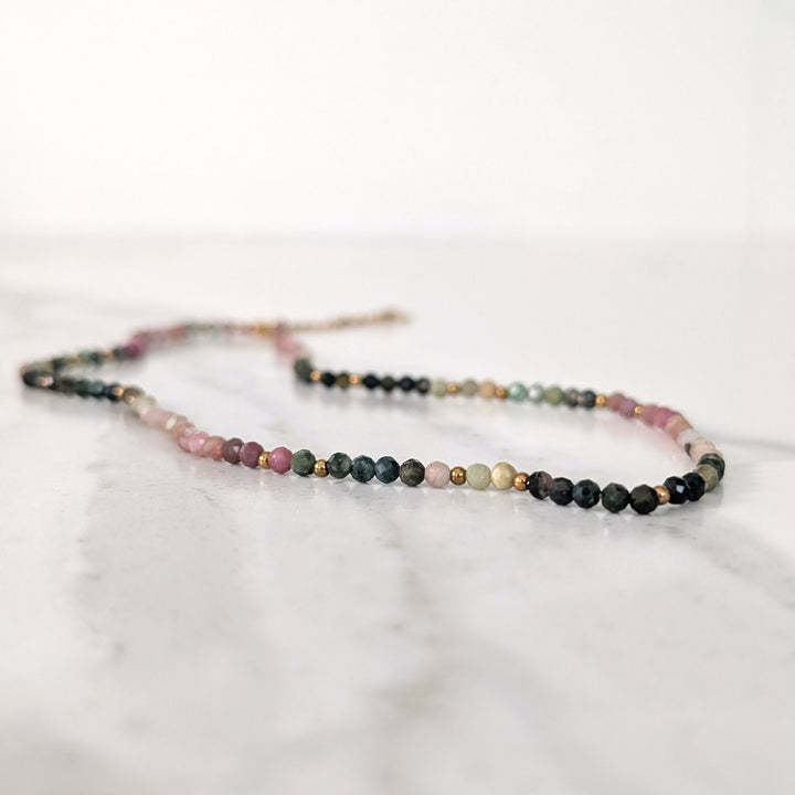 watermelon tourmaline gemstone and gold bead necklace