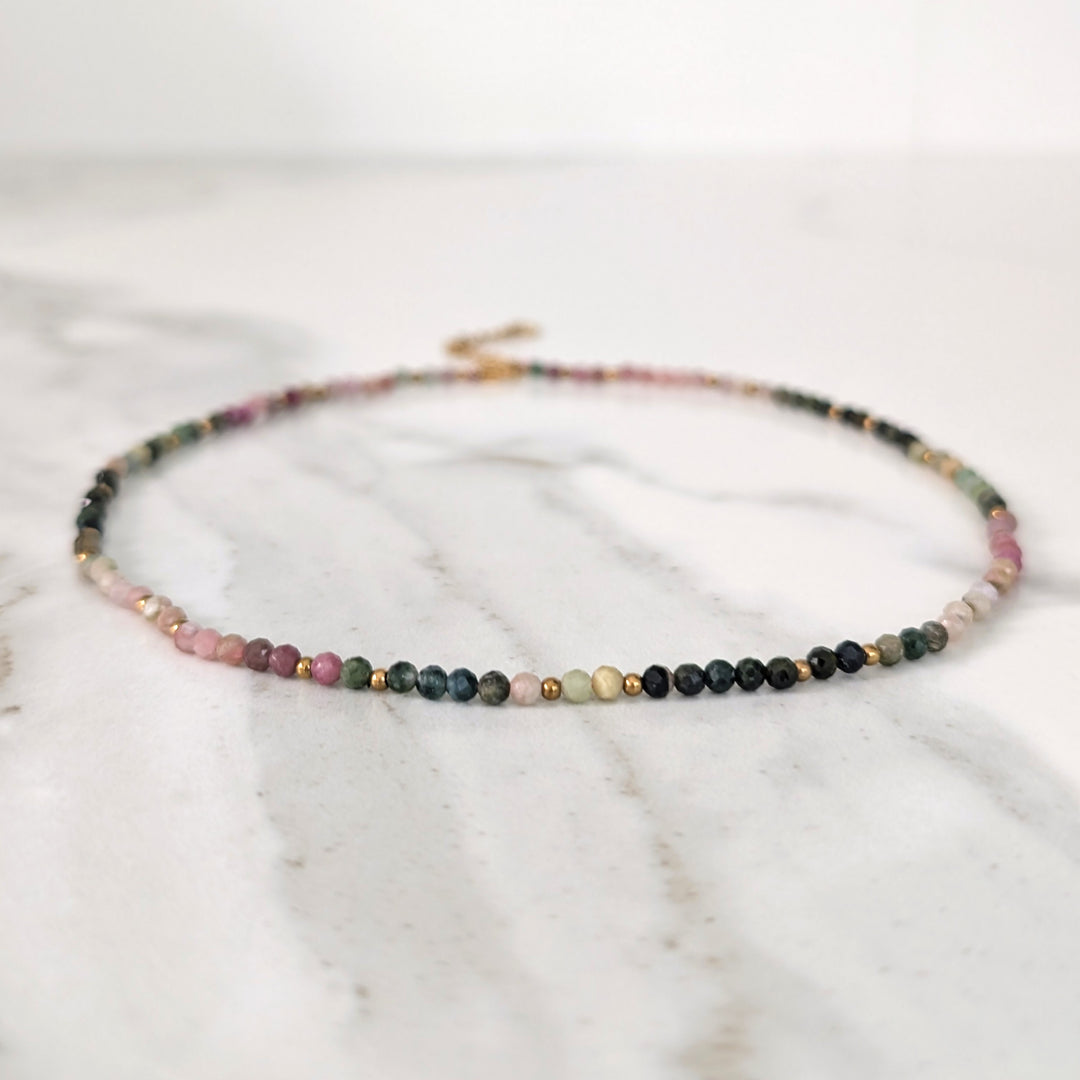 watermelon tourmaline gemstone and gold bead necklace