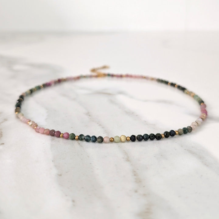 watermelon tourmaline gemstone and gold bead necklace