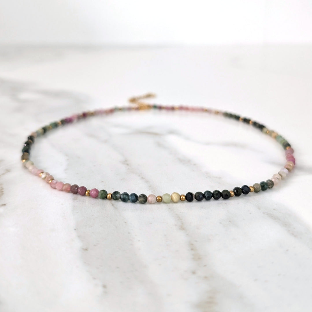 watermelon tourmaline gemstone and gold bead necklace 