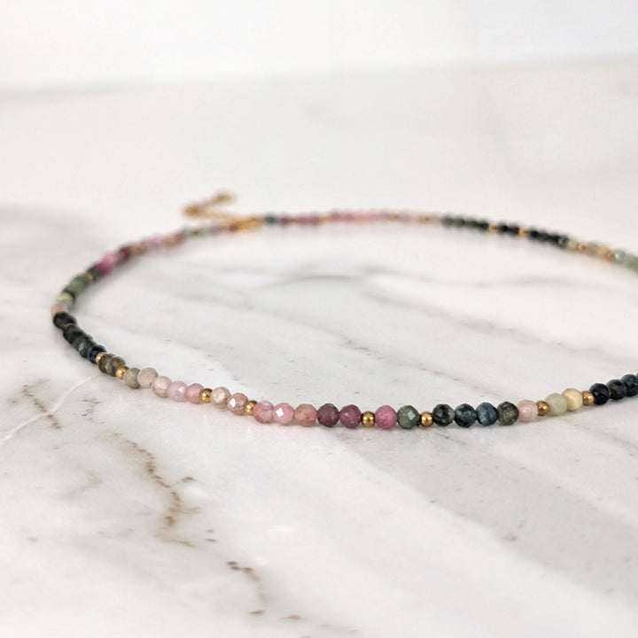 watermelon tourmaline gemstone and gold bead necklace