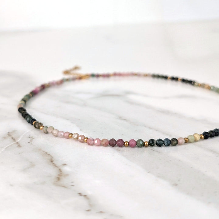 watermelon tourmaline gemstone and gold bead necklace 