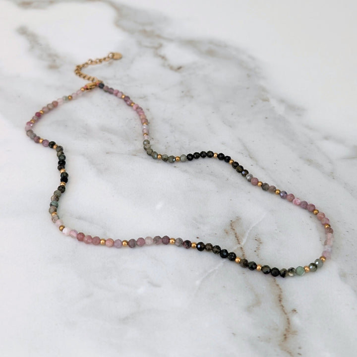 watermelon tourmaline gemstone and gold bead necklace 