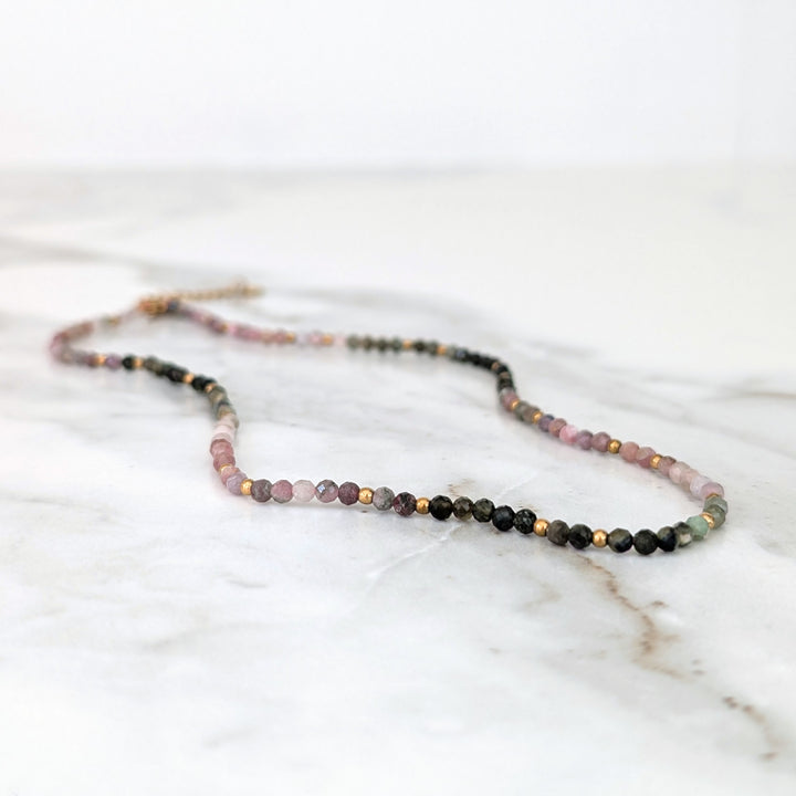 watermelon tourmaline gemstone and gold bead necklace 