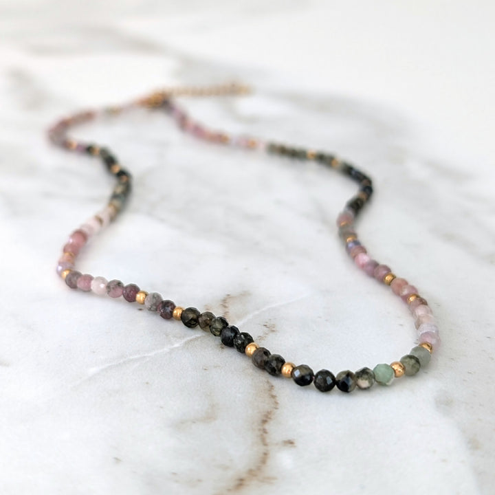 watermelon tourmaline gemstone and gold bead necklace 