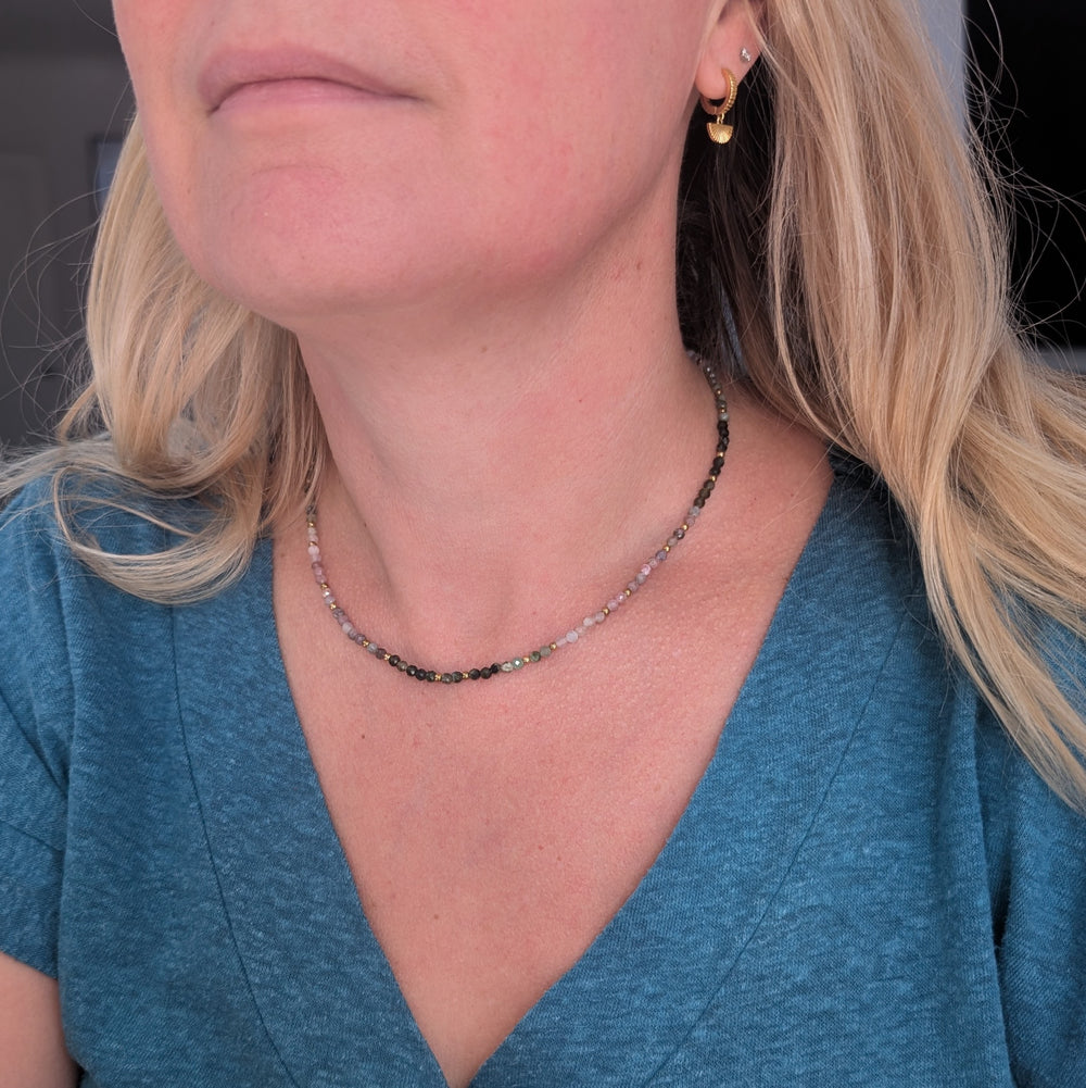 watermelon tourmaline gemstone and gold bead necklace 