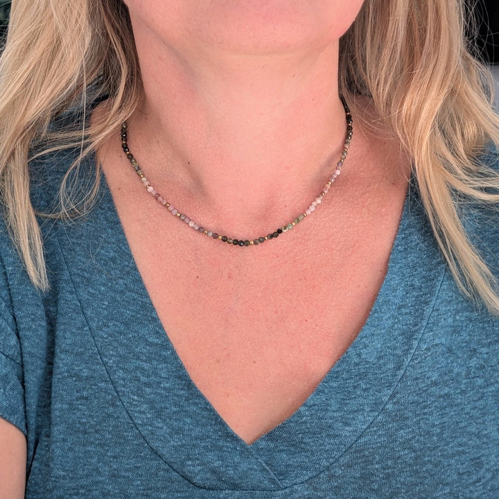 watermelon tourmaline gemstone and gold bead necklace 