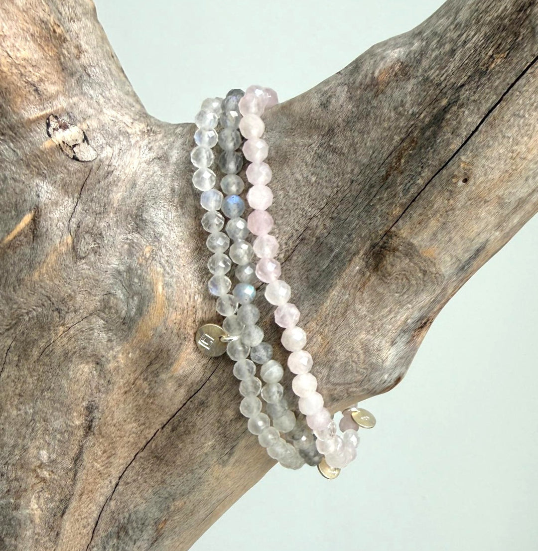 celebrate motherhood gemstone bracelet set. rose quartz, moonstone and labradorite gemstone bracelets. 