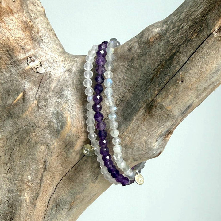 Lapis London Sleep Well Gemstone Intention Bracelet set.   - Amethyst, Moonstone and Labradorite Gemstone Bracelets. 