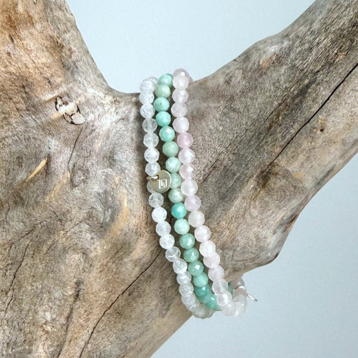 Create Love and Joy Gemstone Intention Bracelet Set.  Amazonite, Rose Quartz and Moonstone gemstone bracelets. 