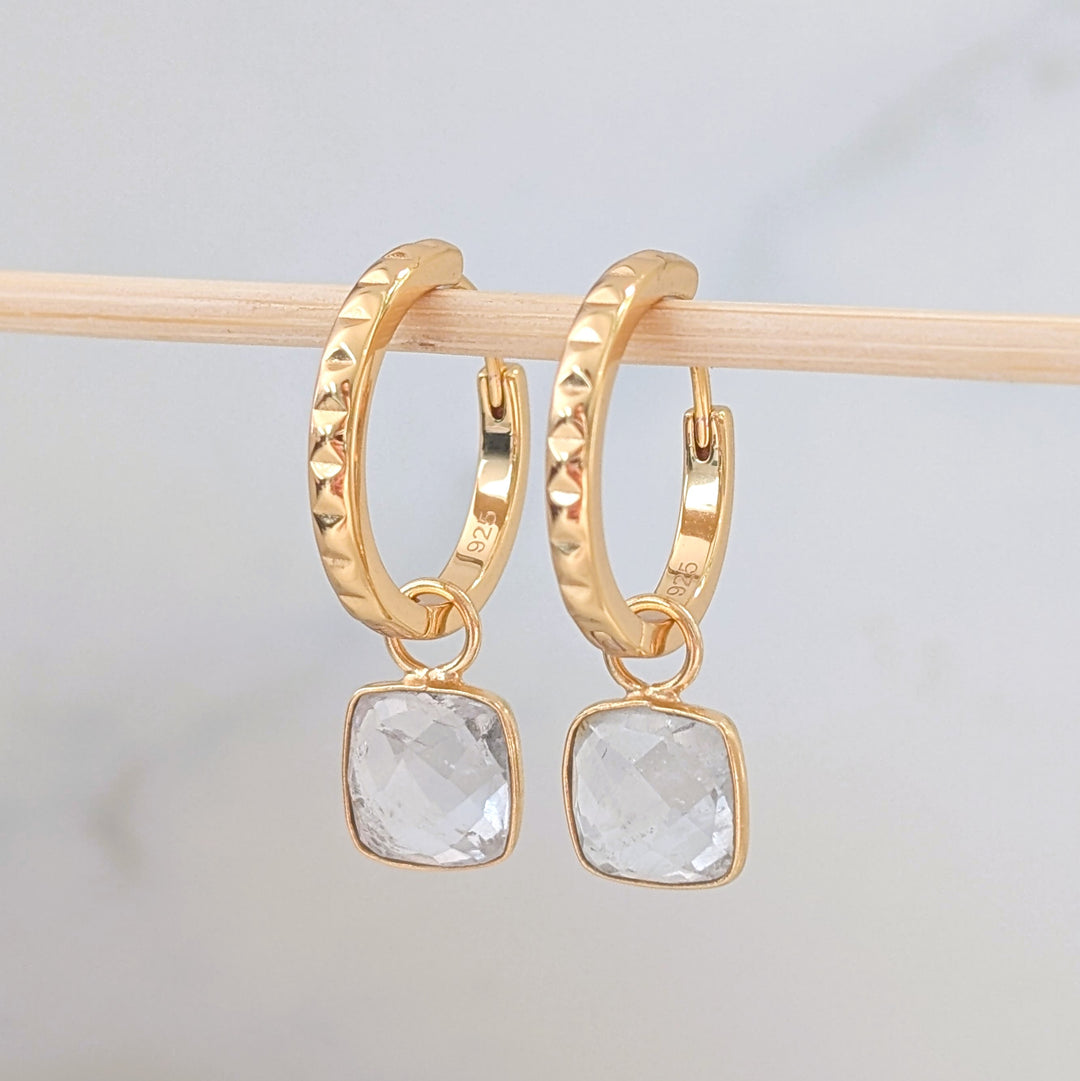 gold hoop earrings with white topaz square cushion charms