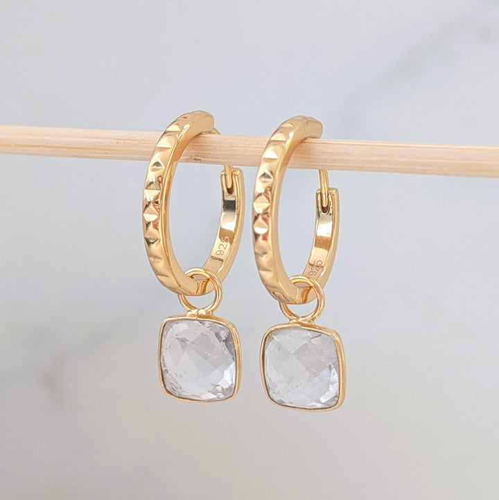 gold hoop earrings with white topaz square cushion charms