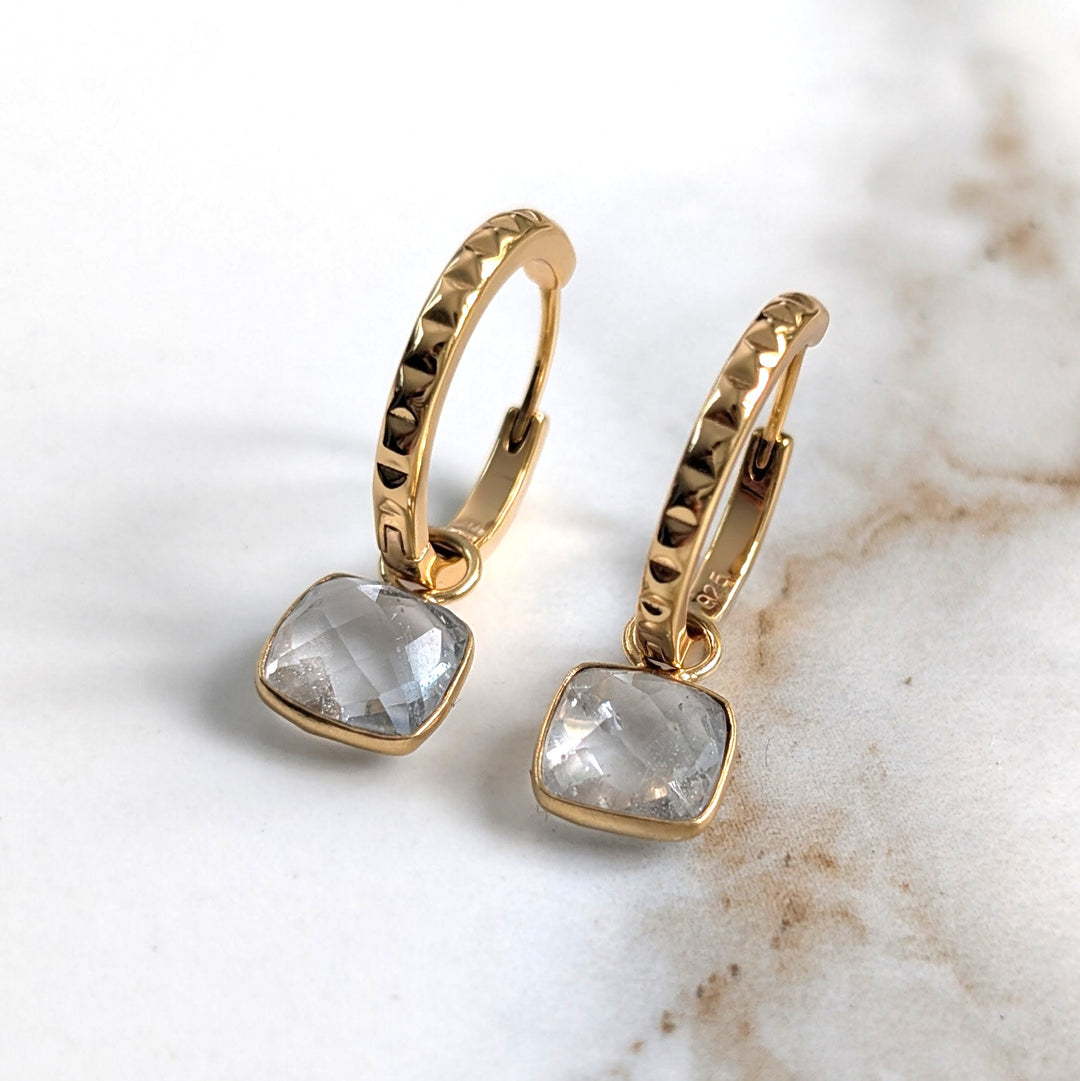 gold hoop earrings with white topaz square cushion charms