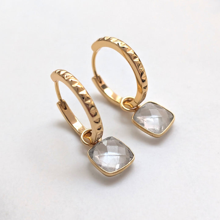 gold hoop earrings with white topaz square cushion charms