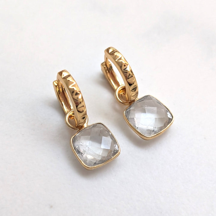 gold hoop earrings with white topaz square cushion charms